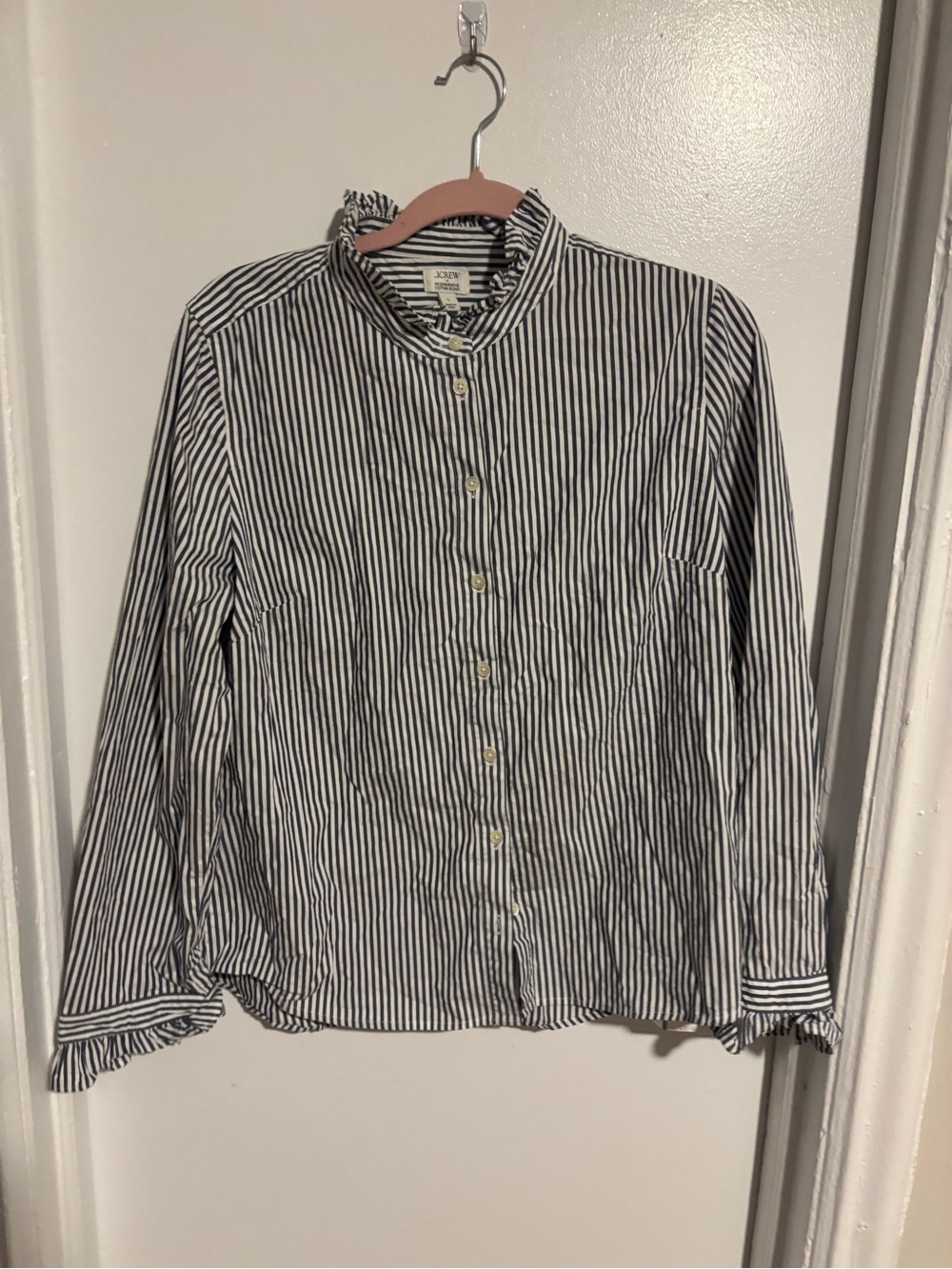J. Crew Factory Black and White Striped Ruffled Stand-Collar Button Shirt